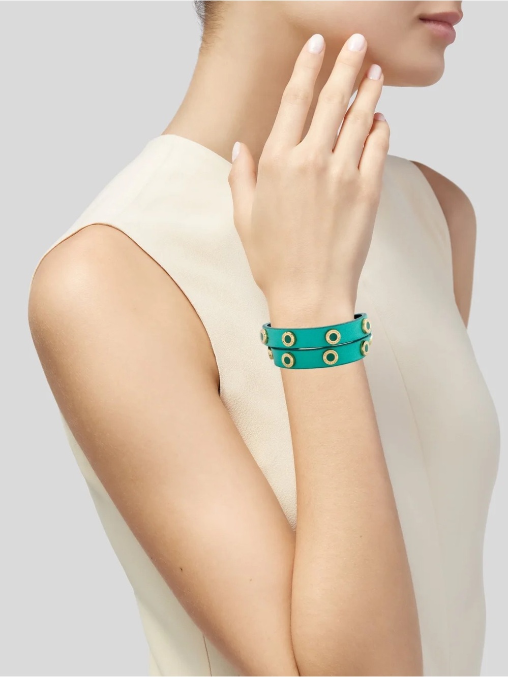 TORY BURCH $128 Teal Double Wrap Leather Stud Bracelet brass leather Boho - Picture 3 of 10